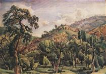 Mountain landscape with trees. Ortolan. - Konstantin Bogaevsky
